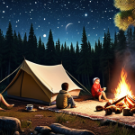 **Prompt:** A scenic Turkish campsite nestled in a forest, with a family enjoying a campfire under a starry sky. Emphasize the tranquility of nature and the escape from city life. Include a traditional Turkish tea set nearby.