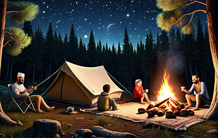 **Prompt:** A scenic Turkish campsite nestled in a forest, with a family enjoying a campfire under a starry sky. Emphasize the tranquility of nature and the escape from city life. Include a traditional Turkish tea set nearby.