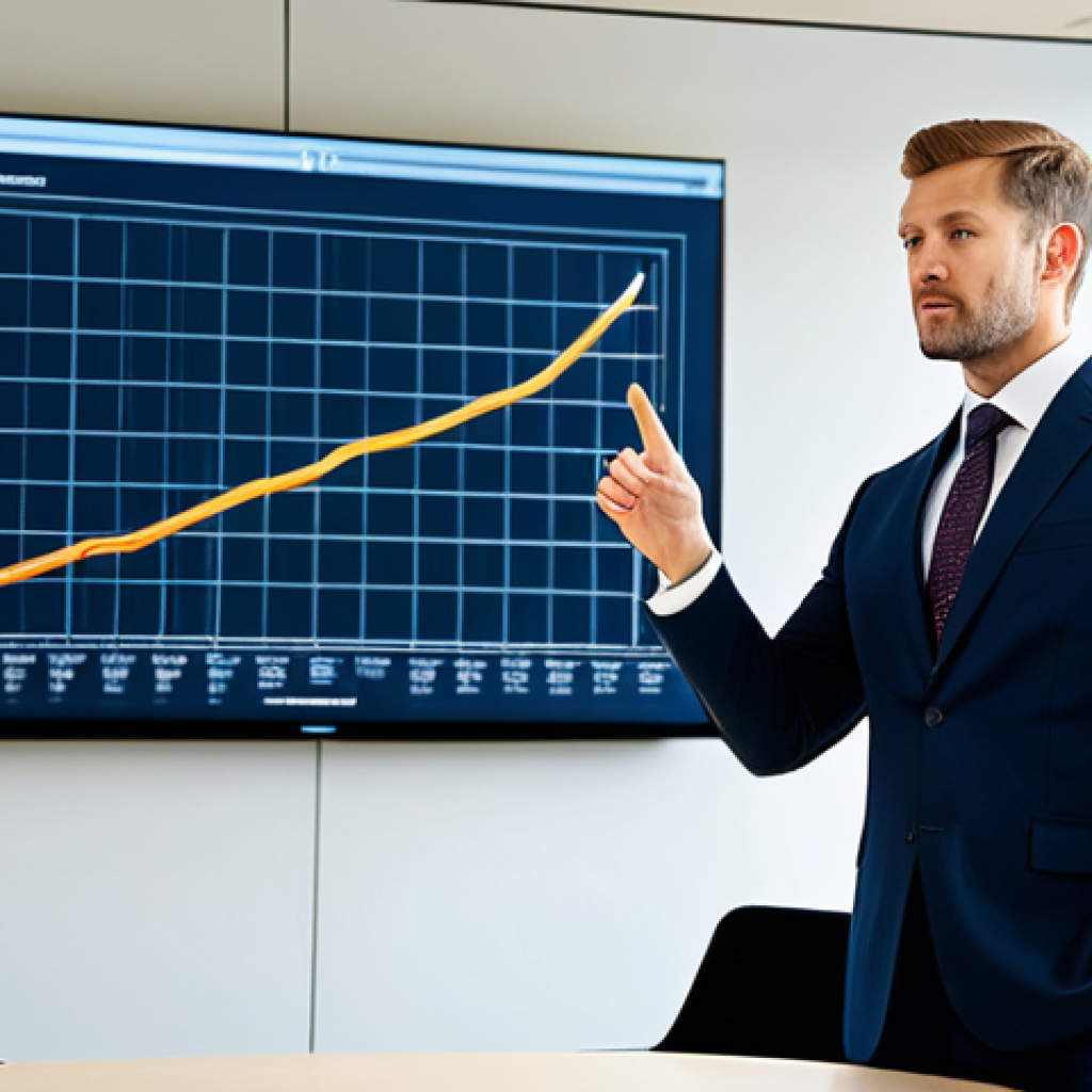 A male professional in a sharp, modest business suit and collared shirt with a tie, standing confidently and gesturing slightly during a presentation in a modern, well-lit conference room. A large screen displaying a professional chart is visible in the background. fully clothed, appropriate attire, safe for work, professional, perfect anatomy, correct proportions, well-formed hands, proper finger count, natural body proportions, professional photography, high-resolution, crisp detail.