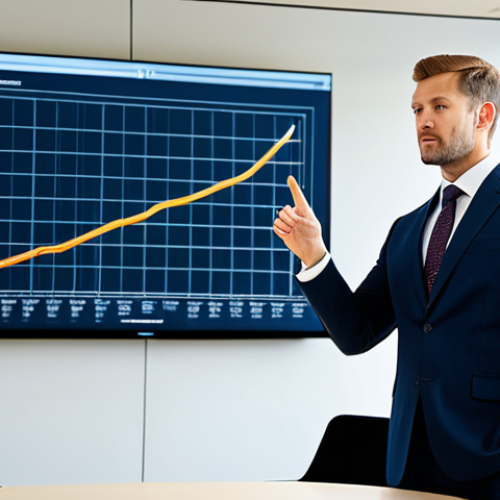 Home 27 A male professional in a sharp, modest business suit and collared shirt with a tie, standing confidently and gesturing slightly during a presentation in a modern, well-lit conference room. A large screen displaying a professional chart is visible in the background. fully clothed, appropriate attire, safe for work, professional, perfect anatomy, correct proportions, well-formed hands, proper finger count, natural body proportions, professional photography, high-resolution, crisp detail.