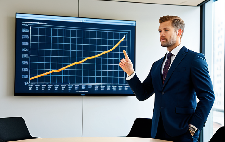 A male professional in a sharp, modest business suit and collared shirt with a tie, standing confidently and gesturing slightly during a presentation in a modern, well-lit conference room. A large screen displaying a professional chart is visible in the background. fully clothed, appropriate attire, safe for work, professional, perfect anatomy, correct proportions, well-formed hands, proper finger count, natural body proportions, professional photography, high-resolution, crisp detail.