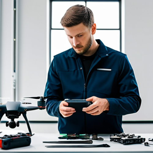Home 26 A focused, professional drone technician in a modest work uniform, meticulously examining drone accessories on a clean workbench inside a well-lit, organized drone workshop. Visible items include multiple sets of spare propellers, a premium ND filter set in its case, a foldable drone landing pad, and a sturdy protective drone carrying case. Small, precise repair tools are neatly arranged nearby. The atmosphere is calm and precise, highlighting attention to detail. High-resolution, crisp focus, cinematic lighting, professional photography, perfect anatomy, correct proportions, natural pose, well-formed hands, proper finger count, natural body proportions, fully clothed, modest clothing, appropriate attire, professional dress, safe for work, appropriate content, professional.