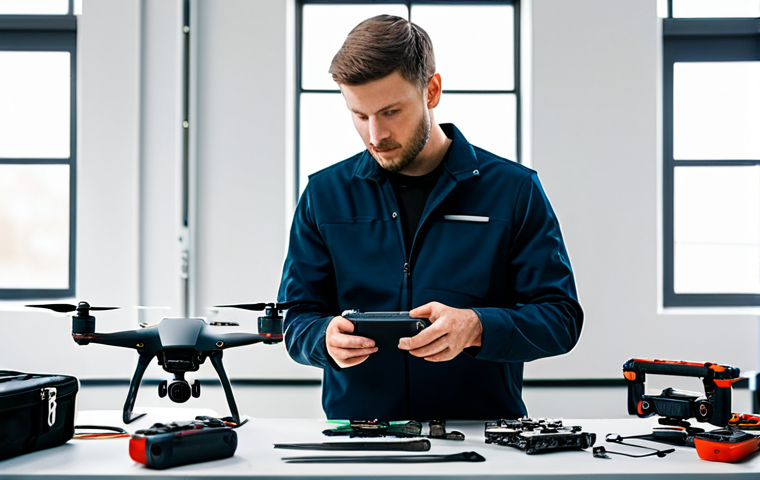 A focused, professional drone technician in a modest work uniform, meticulously examining drone accessories on a clean workbench inside a well-lit, organized drone workshop. Visible items include multiple sets of spare propellers, a premium ND filter set in its case, a foldable drone landing pad, and a sturdy protective drone carrying case. Small, precise repair tools are neatly arranged nearby. The atmosphere is calm and precise, highlighting attention to detail. High-resolution, crisp focus, cinematic lighting, professional photography, perfect anatomy, correct proportions, natural pose, well-formed hands, proper finger count, natural body proportions, fully clothed, modest clothing, appropriate attire, professional dress, safe for work, appropriate content, professional.