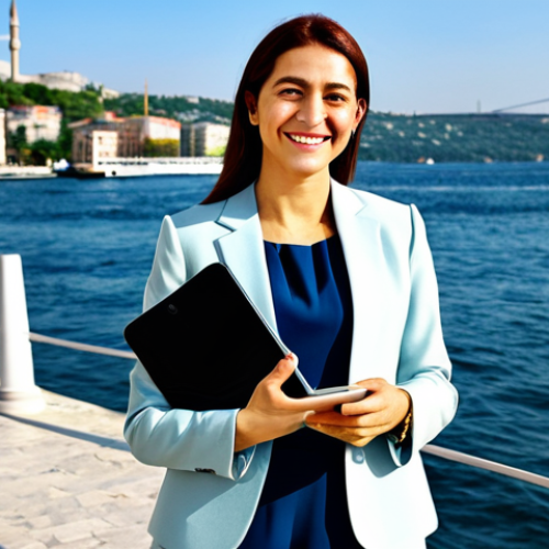 Home 12 ** A professional woman in a modest business suit, standing in front of the Bosphorus in Istanbul. She's holding a tablet and smiling confidently. Fully clothed, appropriate attire, safe for work, perfect anatomy, natural proportions, professional, modest, family-friendly, high quality.
**