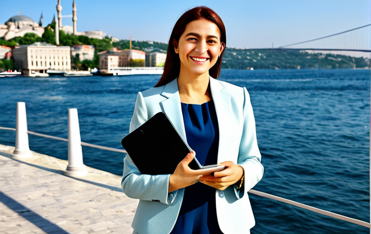 ** A professional woman in a modest business suit, standing in front of the Bosphorus in Istanbul. She's holding a tablet and smiling confidently. Fully clothed, appropriate attire, safe for work, perfect anatomy, natural proportions, professional, modest, family-friendly, high quality.
**