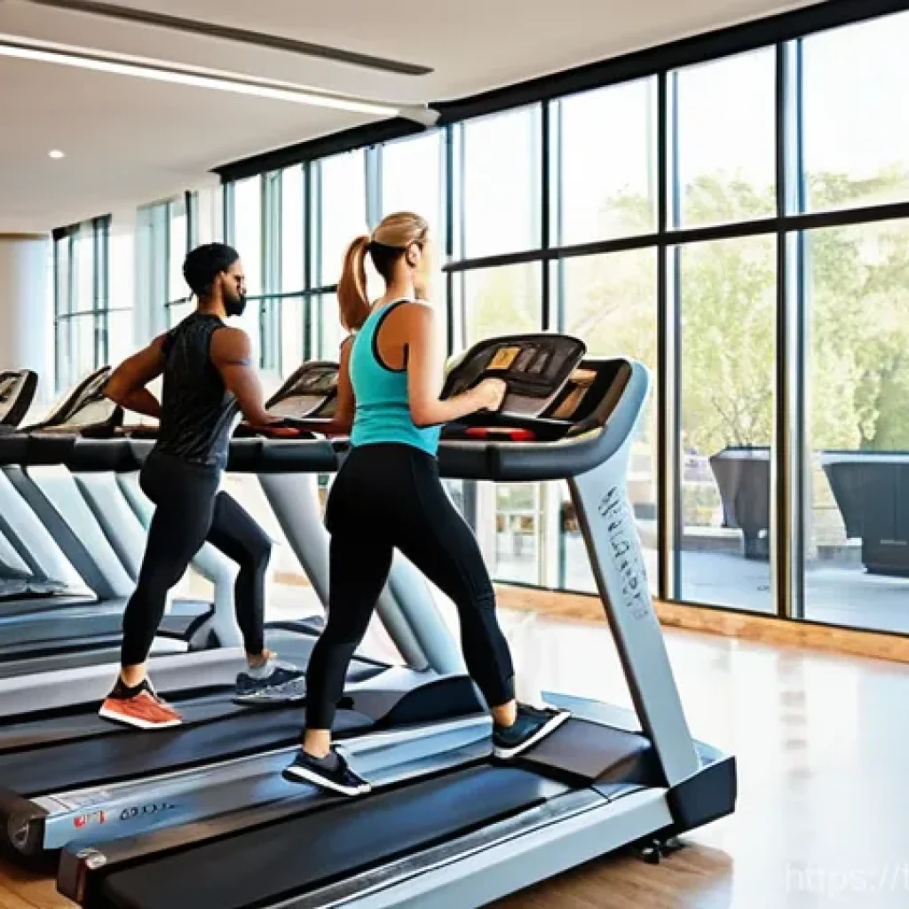 헬스장 회원권 - **Prompt:** A vibrant, spacious, and brightly lit modern fitness center, bustling with activity duri...