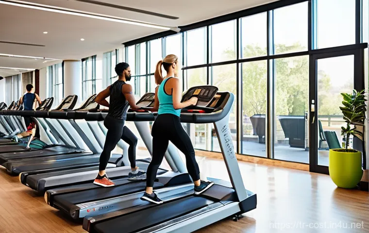 헬스장 회원권 - **Prompt:** A vibrant, spacious, and brightly lit modern fitness center, bustling with activity duri...