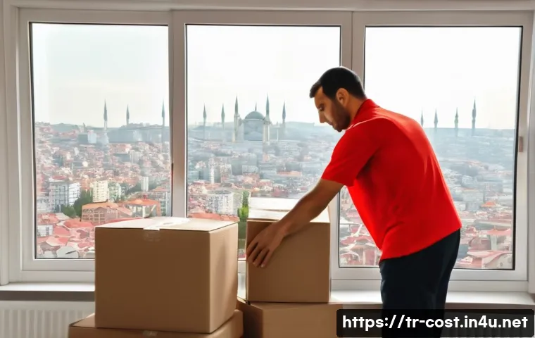 해외 이사비용 - A detailed scene of a professional international moving company worker carefully packing fragile hou...