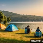 Home 22 캠핑장 이용료 - A serene lakeside camping scene in a popular Turkish nature spot near Istanbul, showing a diverse gr...