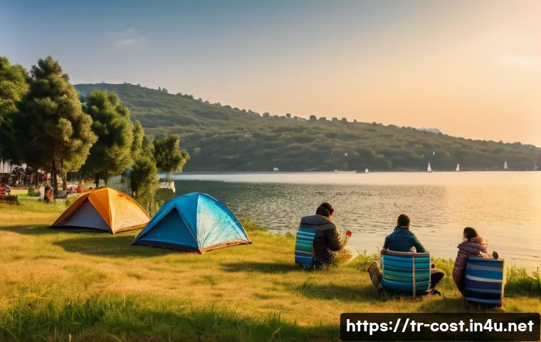 캠핑장 이용료 - A serene lakeside camping scene in a popular Turkish nature spot near Istanbul, showing a diverse gr...
