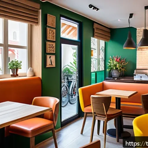 Home 30 카페 창업 비용 - A cozy, modern Turkish cafe interior with warm natural lighting, comfortable ergonomic wooden chairs...