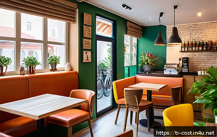 카페 창업 비용 - A cozy, modern Turkish cafe interior with warm natural lighting, comfortable ergonomic wooden chairs...