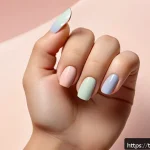 Home 23 네일아트 비용 - A close-up image of a hand displaying minimalist nail art with pastel-colored nails, featuring delic...