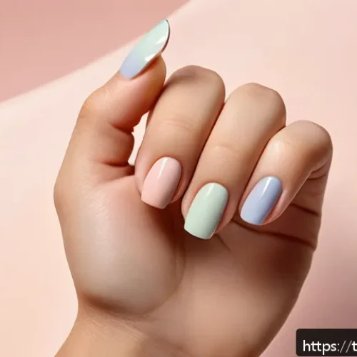 Home 17 네일아트 비용 - A close-up image of a hand displaying minimalist nail art with pastel-colored nails, featuring delic...