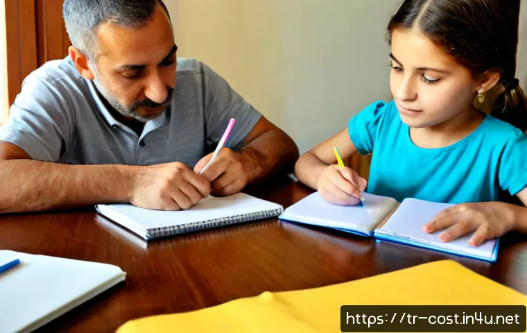 Home 17 아이 교육비 - Photorealistic Turkish family at a bright home dining table planning a child’s education budget, mot...