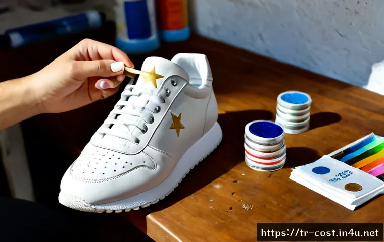 Home 17 스니커즈 커스텀 비용 - Photorealistic close-up of a Turkish sneaker customization workshop, clean white leather sneakers on...