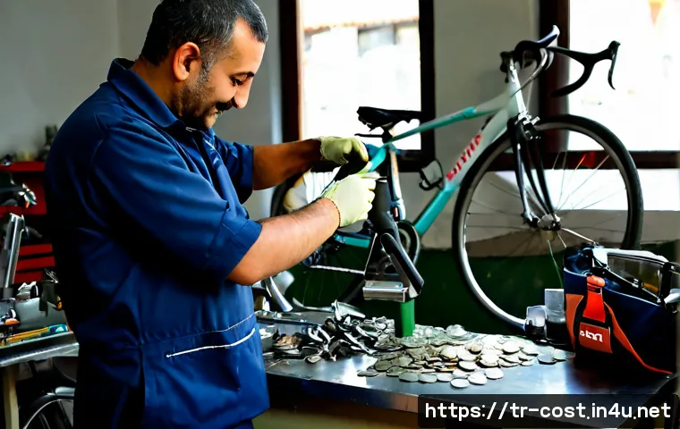 Home 17 자전거 정비비 - Photorealistic bicycle repair workshop in Istanbul, Turkey, a friendly mechanic in clean workwear ca...